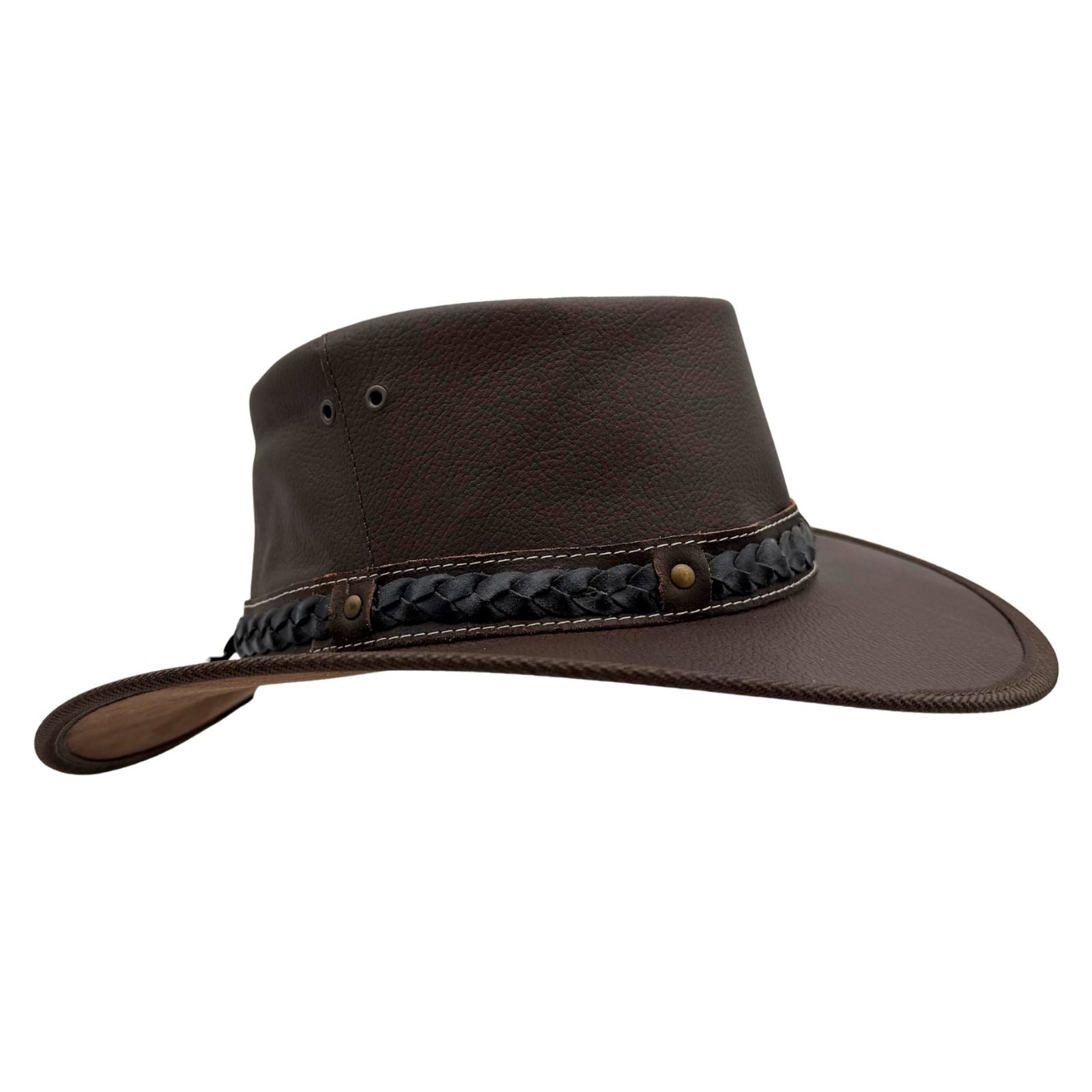 Brown leather hat with a decorative band on a white background