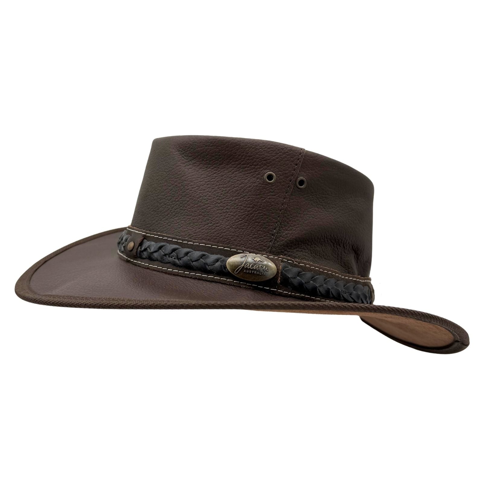 Brown leather hat with a decorative band on a white background