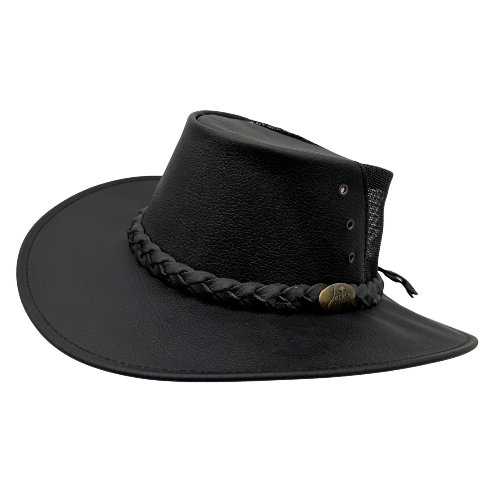 Black Jacaru 1150 Kangaroo Breeze Hat with braided band on a white background