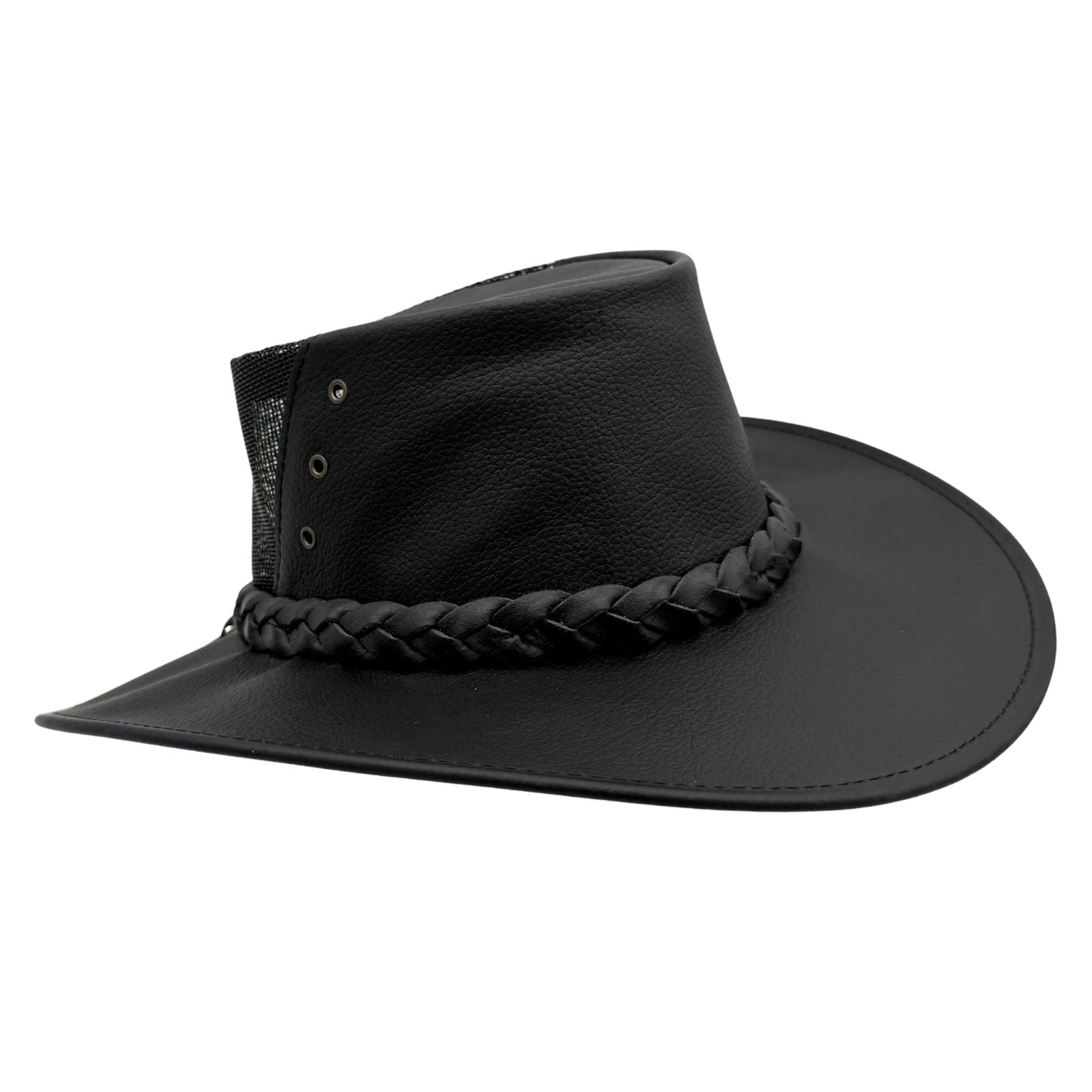 Black Jacaru 1150 Kangaroo Breeze Hat with braided band on a white background