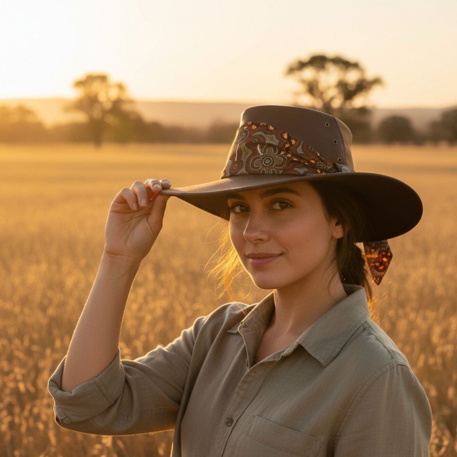 Woman wearing a Brown Kangaroo Ladies Breeze Hat in a field at sunset