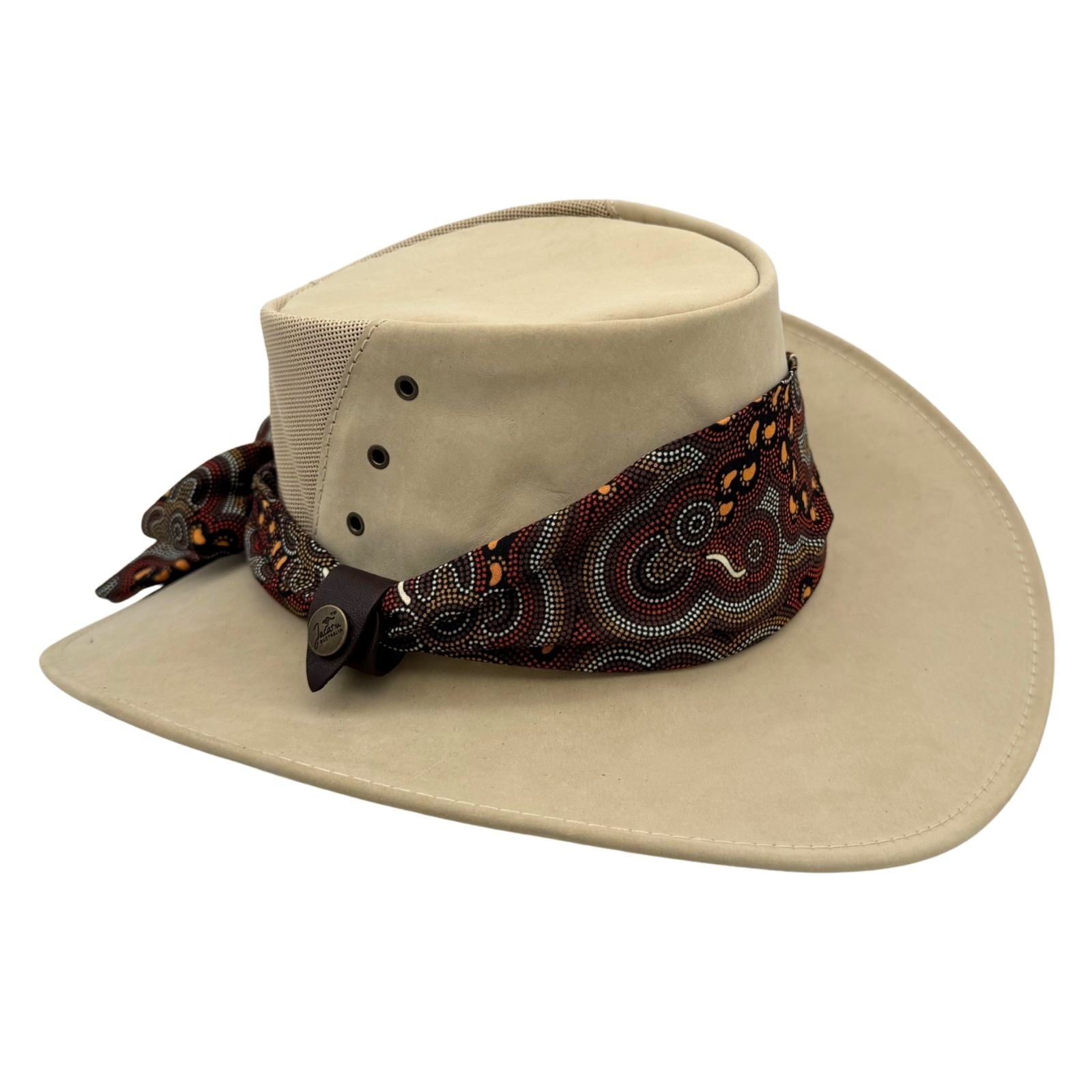 Sand Kangaroo Ladies Breeze Hat with a decorative band on a white background