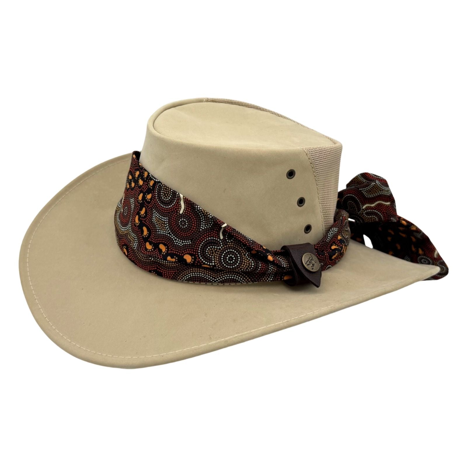 Sand Kangaroo Ladies Breeze Hat with a decorative band on a white background