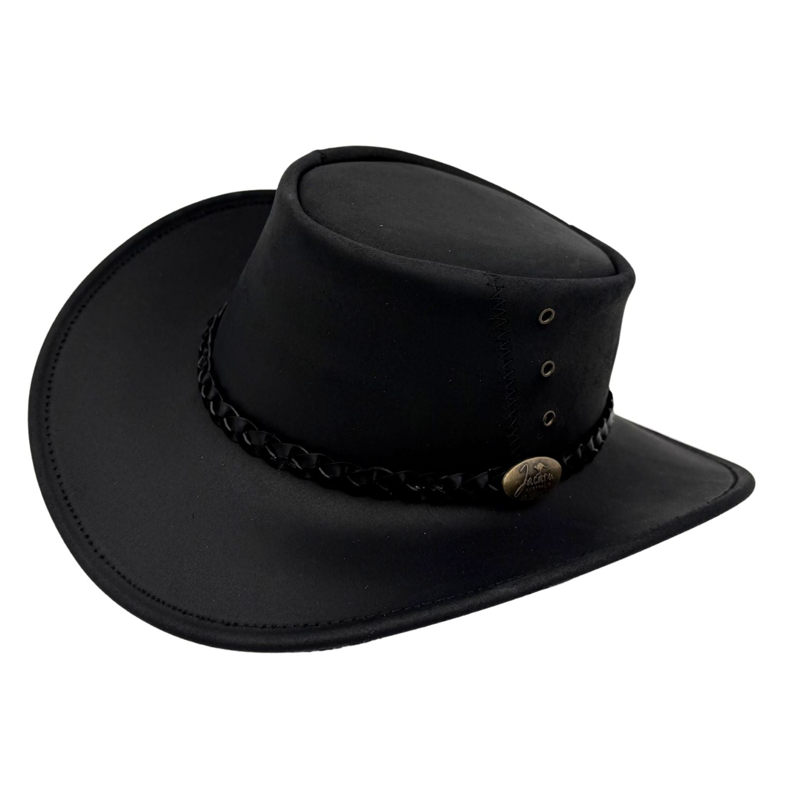Black Magpie Hat with a leather band and decorative buckle on a white background