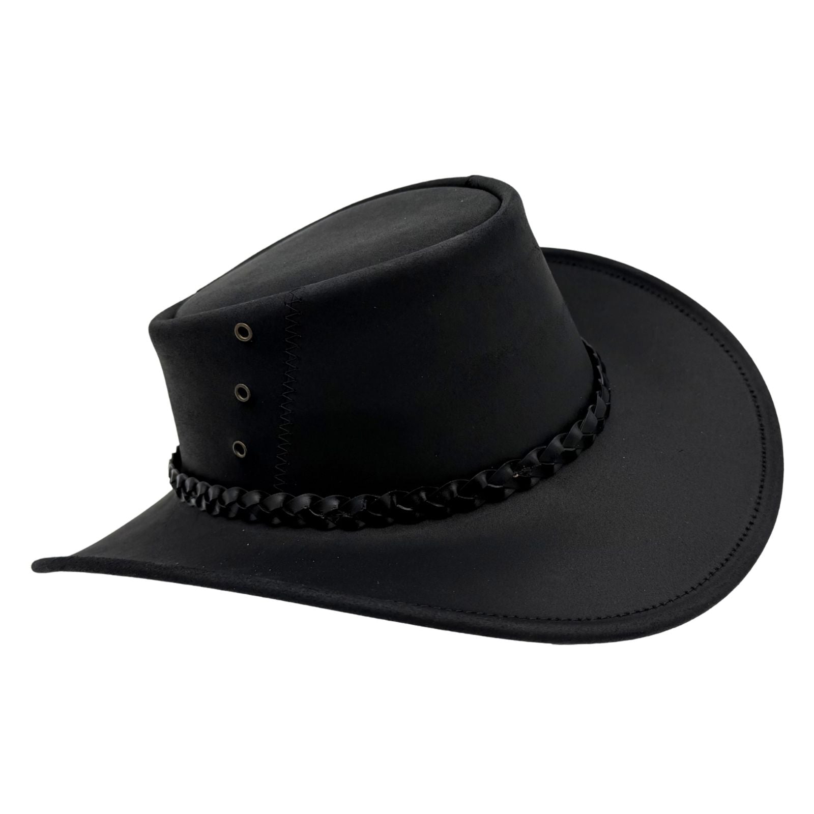 Black Magpie Hat with a leather band and decorative buckle on a white background