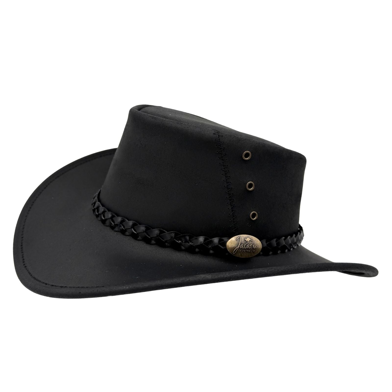Black Magpie Hat with a leather band and decorative buckle on a white background