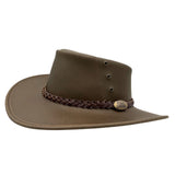 brown Magpie Hat with a leather band and decorative buckle on a white background