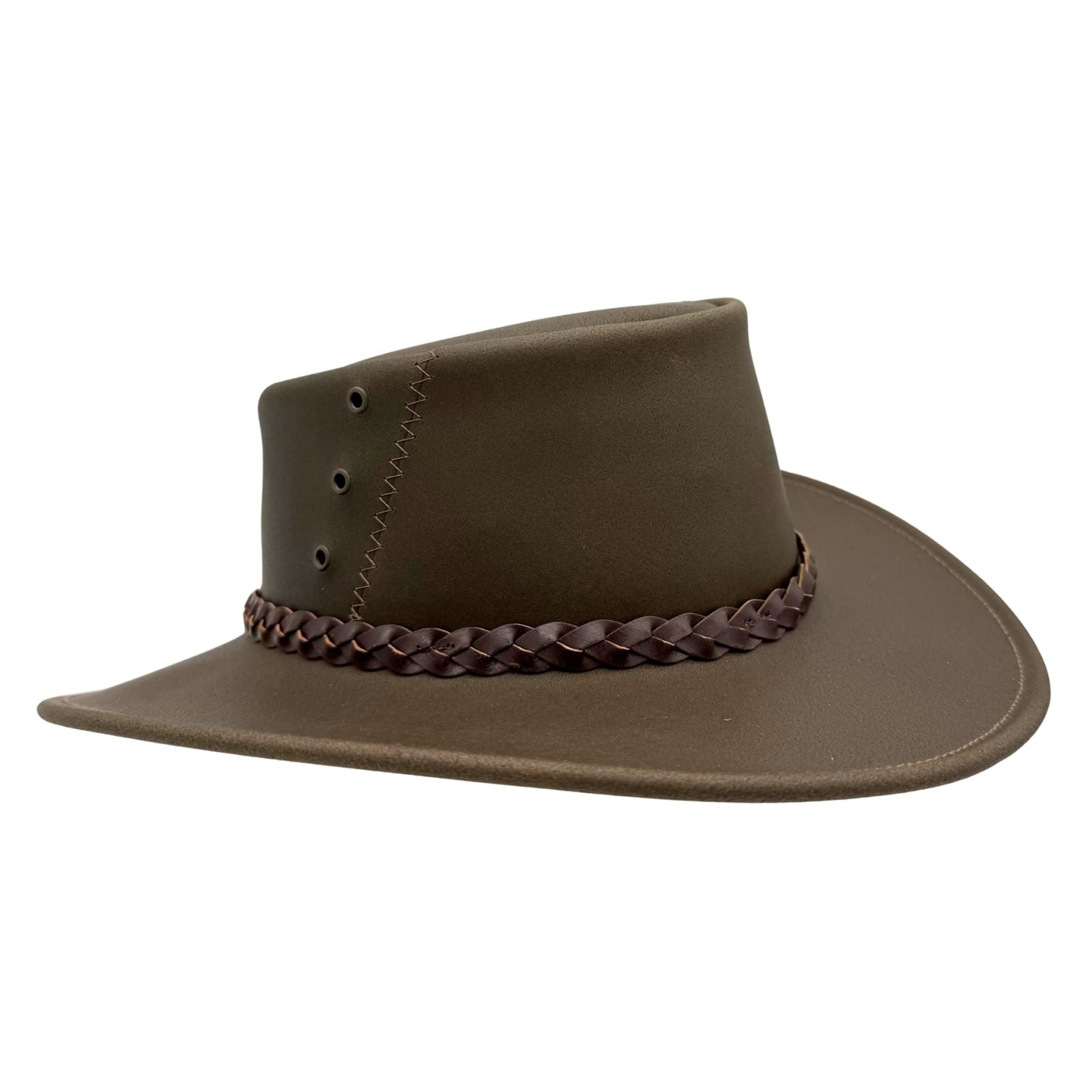 brown Magpie Hat with a leather band and decorative buckle on a white background