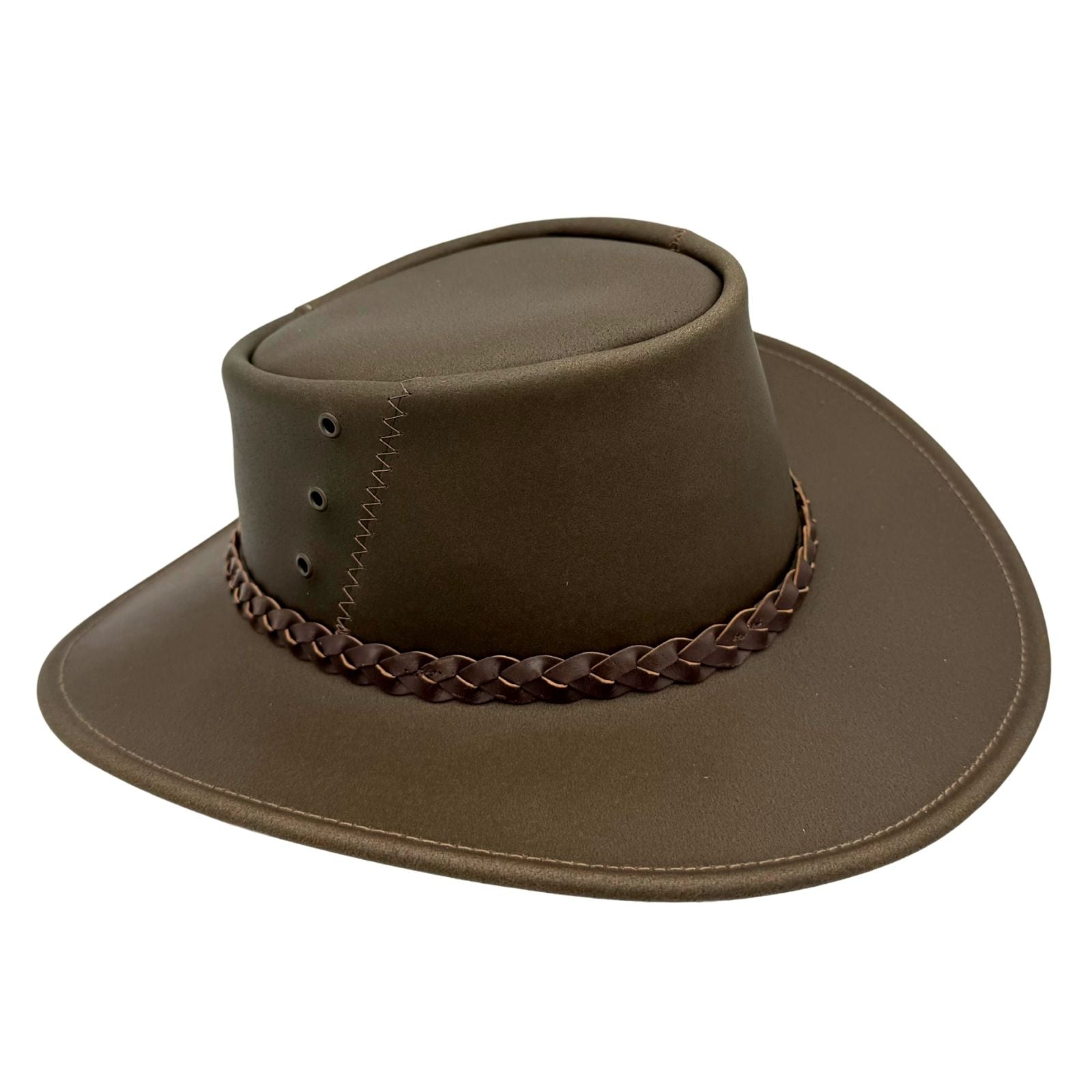 brown Magpie Hat with a leather band and decorative buckle on a white background
