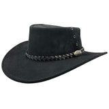 A black leather hat with a wide brim and a decorative band around the crown, featuring metal eyelets and a button detail.