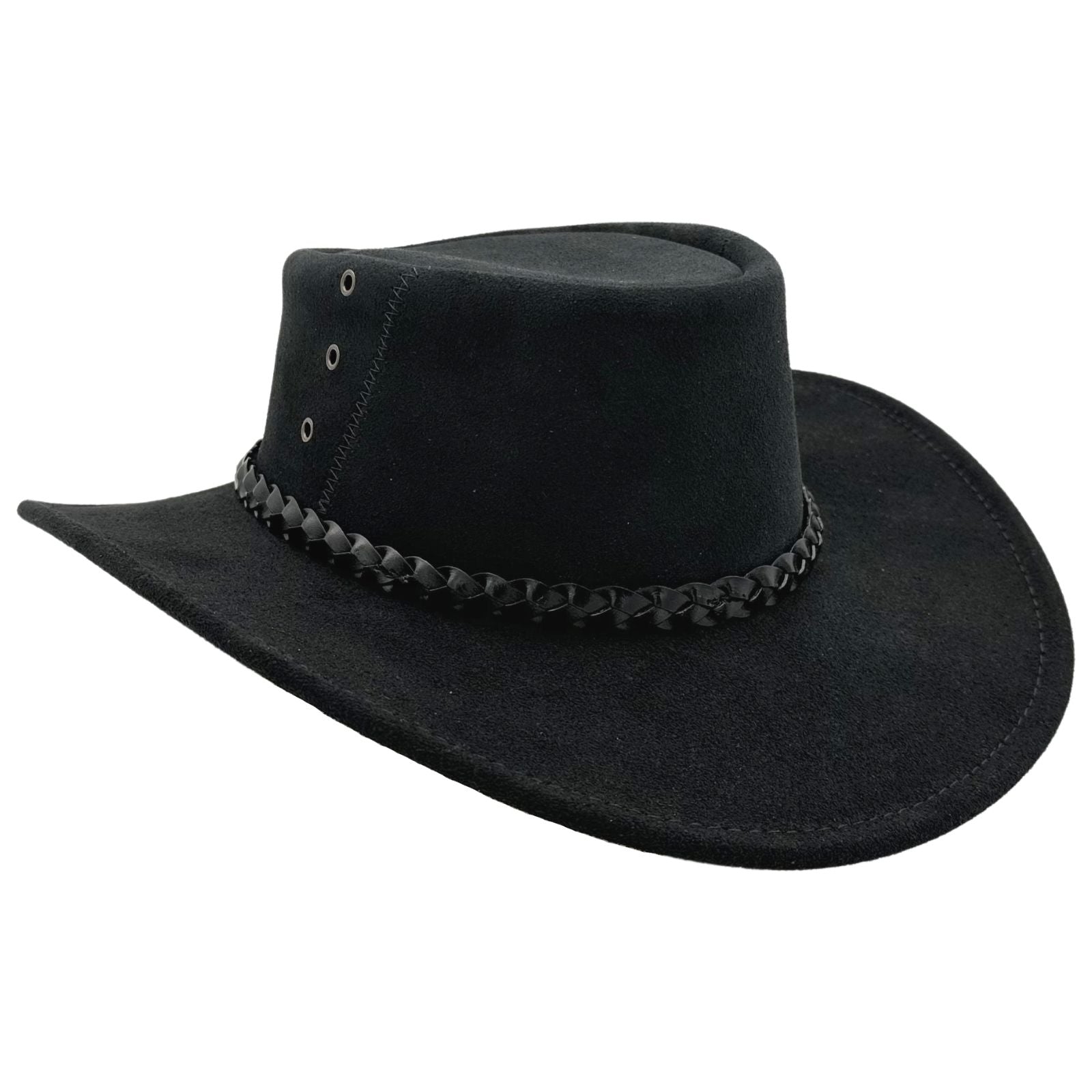 A black leather hat with a wide brim and a decorative band around the crown, featuring metal eyelets and a button detail.