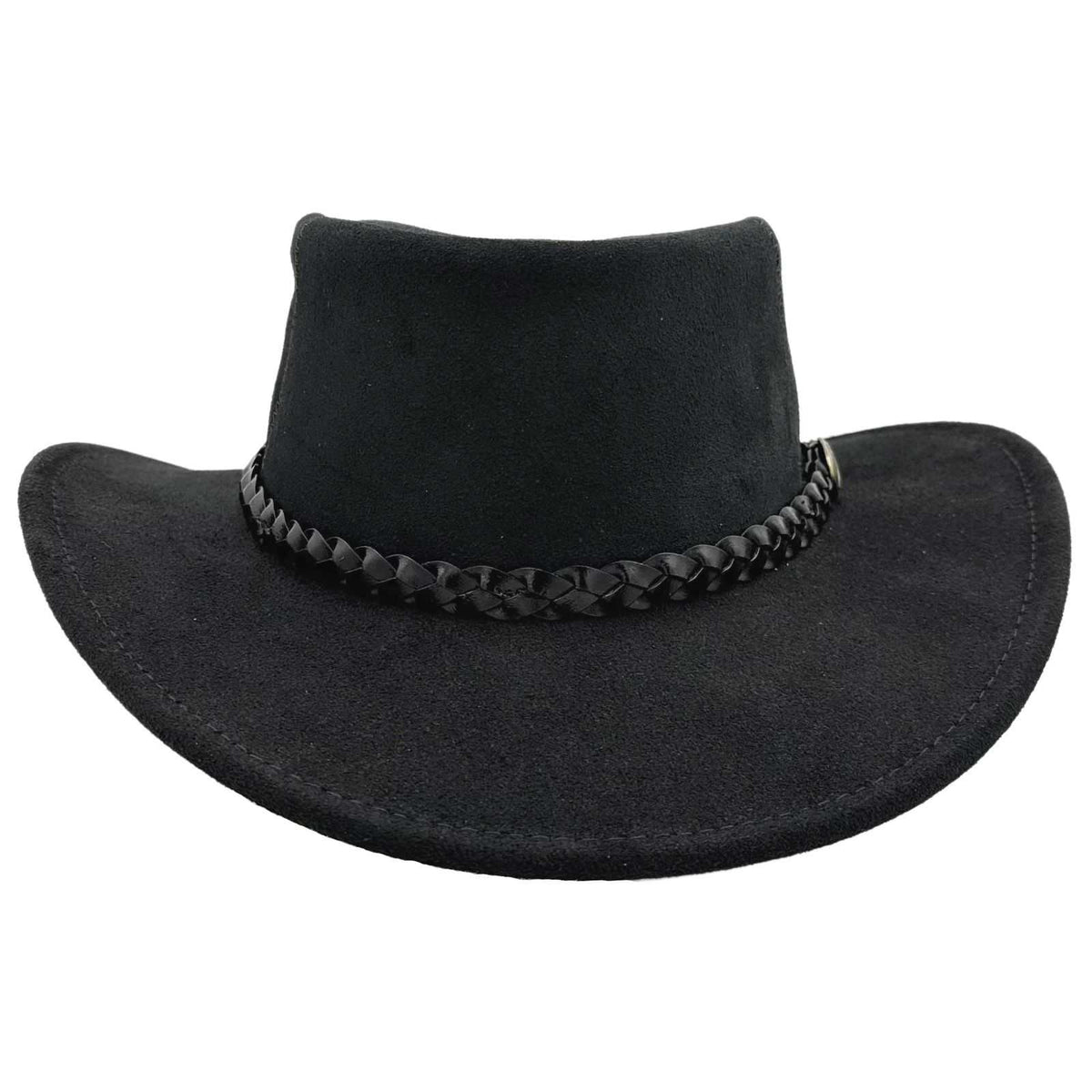 A black leather hat with a wide brim and a decorative band around the crown, featuring metal eyelets and a button detail.
