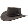 A brown leather hat with a wide brim and a decorative band around the crown, featuring metal eyelets and a button detail.