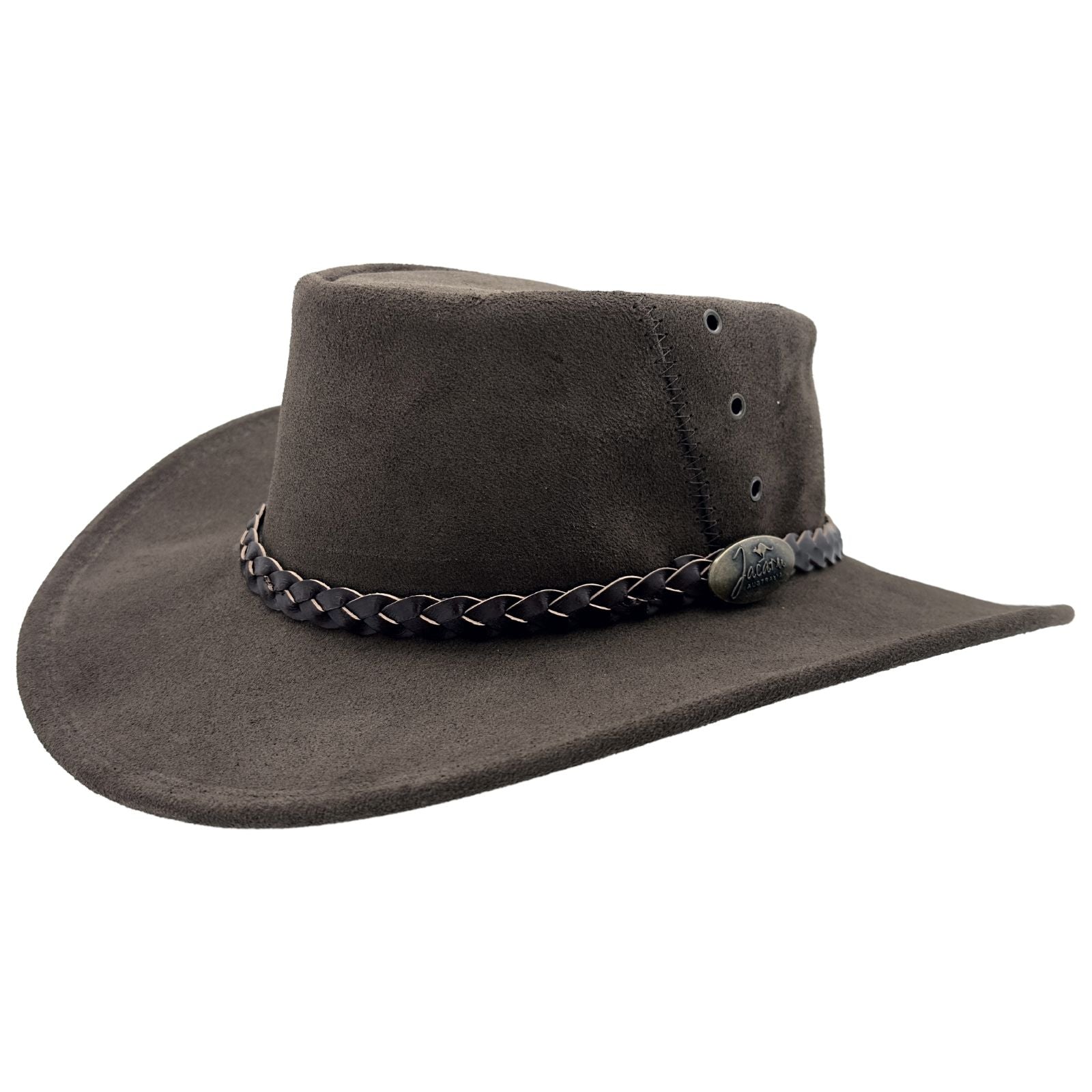 A brown leather hat with a wide brim and a decorative band around the crown, featuring metal eyelets and a button detail.