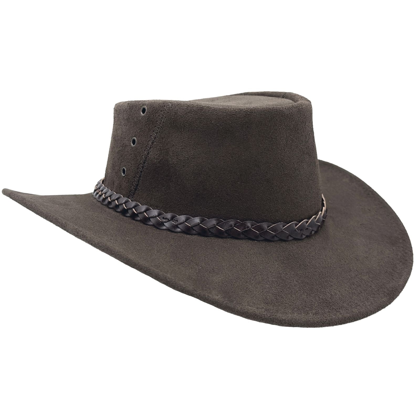 A brown leather hat with a wide brim and a decorative band around the crown, featuring metal eyelets and a button detail.