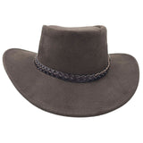 A brown leather hat with a wide brim and a decorative band around the crown, featuring metal eyelets and a button detail.