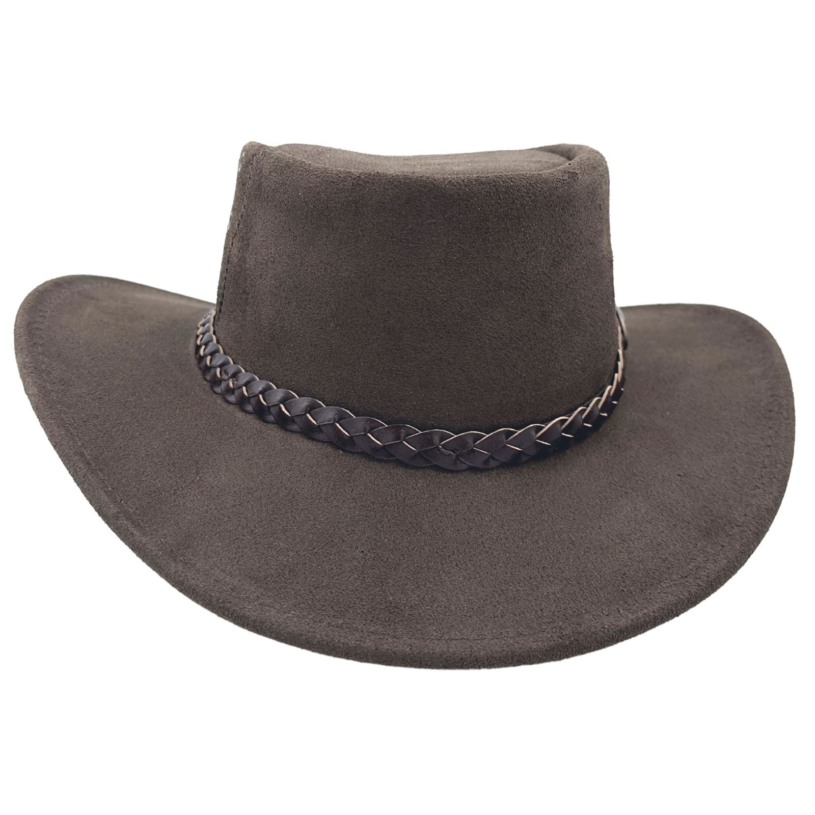 A brown leather hat with a wide brim and a decorative band around the crown, featuring metal eyelets and a button detail.