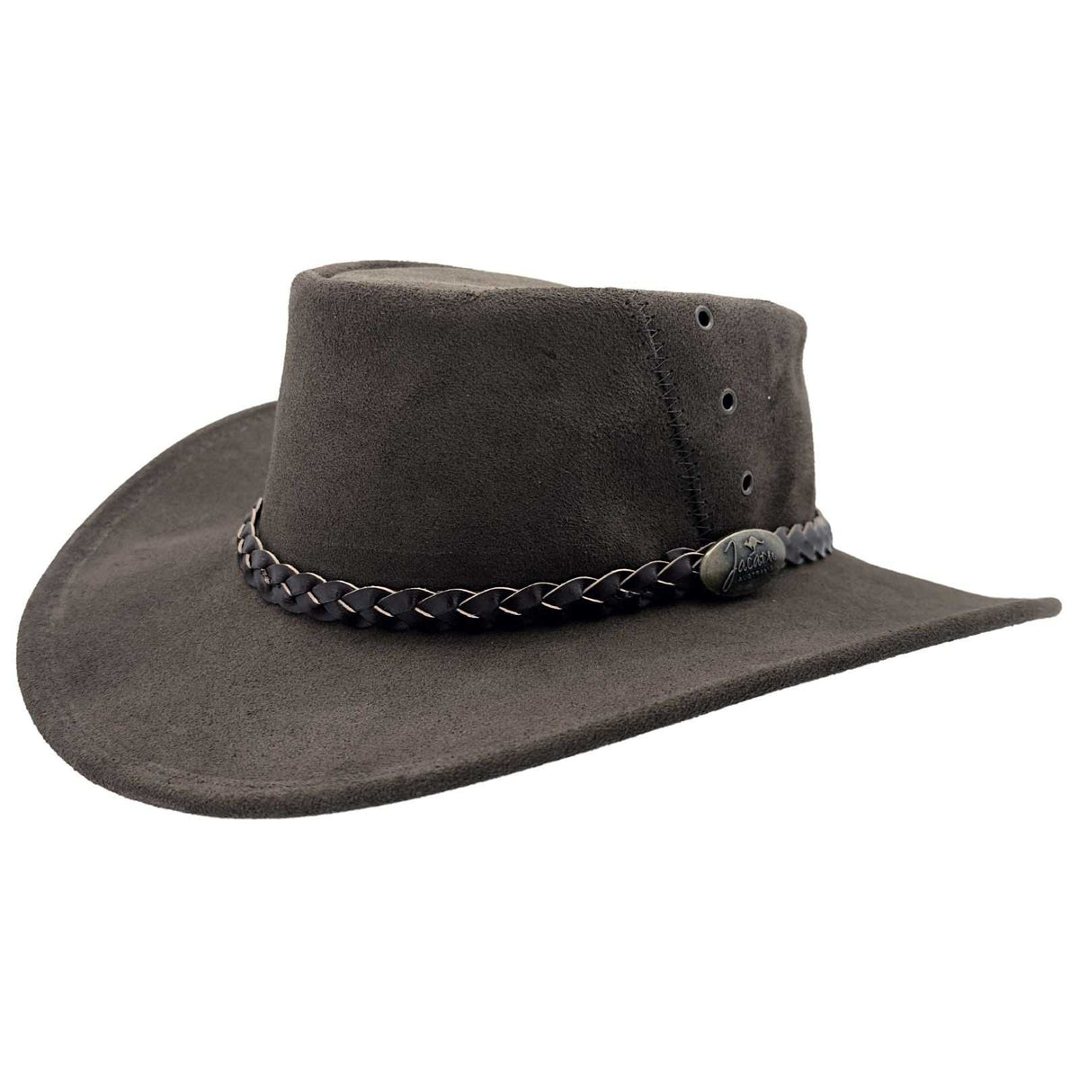 A brown leather hat with a wide brim and a decorative band around the crown, featuring metal eyelets and a button detail.