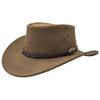A Mushroom leather hat with a wide brim and a decorative band around the crown, featuring metal eyelets and a button detail.