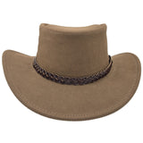 A Mushroom leather hat with a wide brim and a decorative band around the crown, featuring metal eyelets and a button detail.