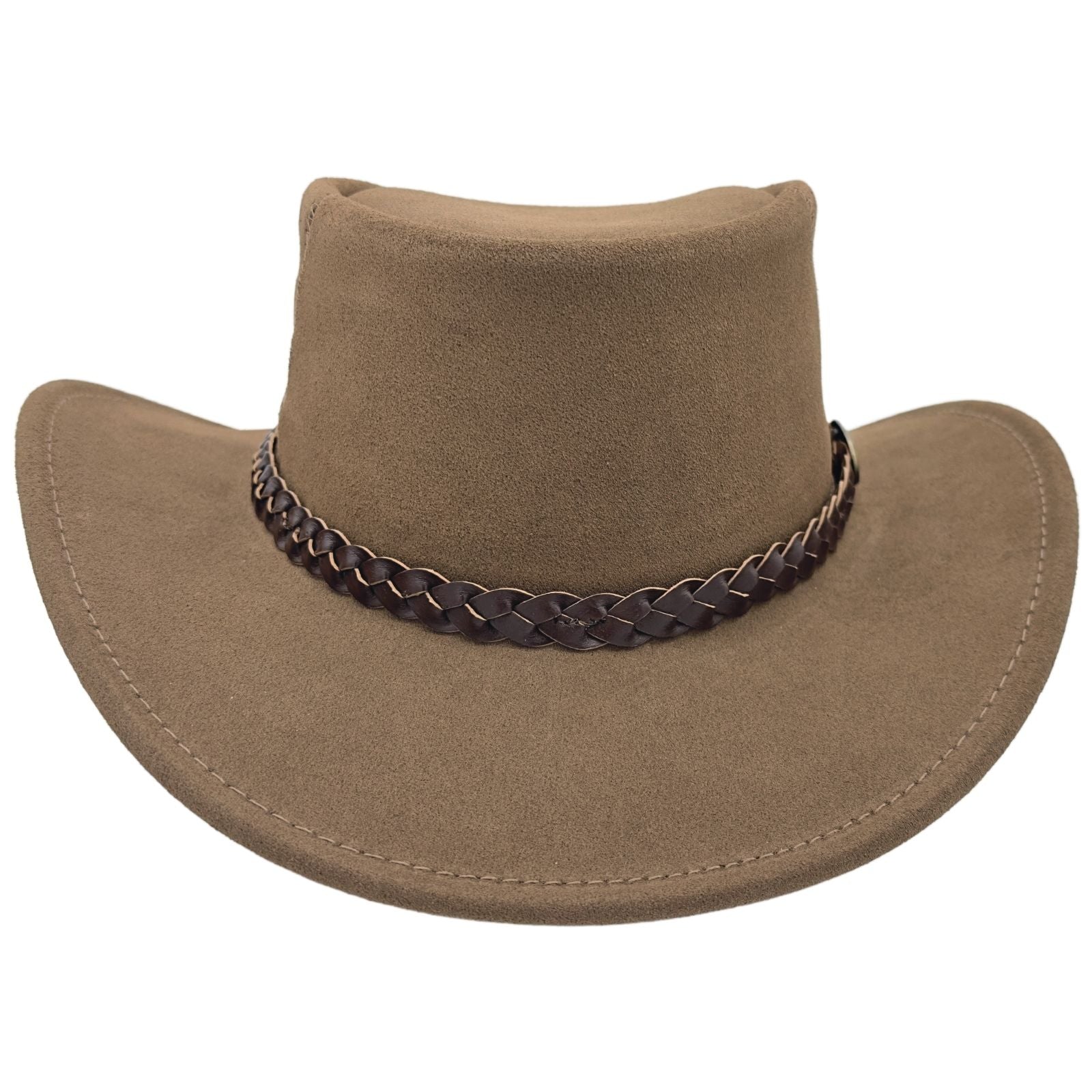 A Mushroom leather hat with a wide brim and a decorative band around the crown, featuring metal eyelets and a button detail.