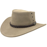 A sand leather hat with a wide brim and a decorative band around the crown, featuring metal eyelets and a button detail.