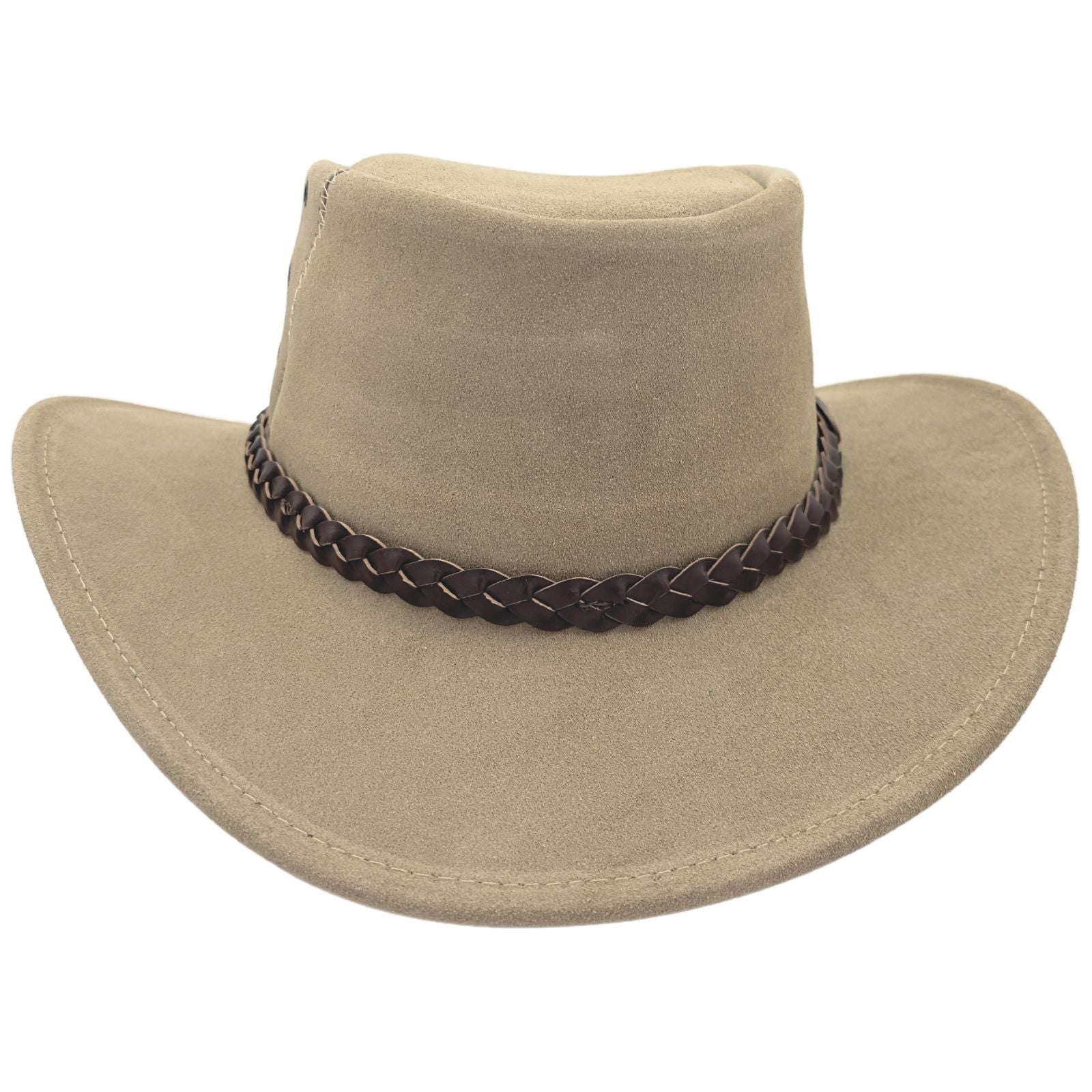 A sand leather hat with a wide brim and a decorative band around the crown, featuring metal eyelets and a button detail.