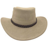 A sand leather hat with a wide brim and a decorative band around the crown, featuring metal eyelets and a button detail.
