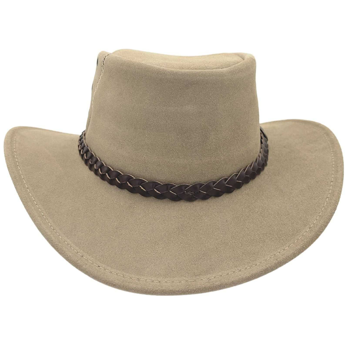 A sand leather hat with a wide brim and a decorative band around the crown, featuring metal eyelets and a button detail.