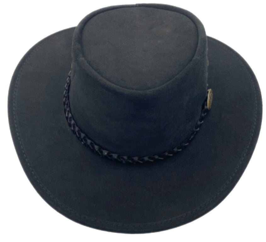 A Black leather hat with a wide brim and a decorative band around the crown, featuring metal eyelets and a button detail.