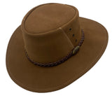 A mushroom leather hat with a wide brim and a decorative band around the crown, featuring metal eyelets and a button detail.