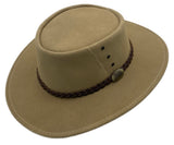 A sand leather hat with a wide brim and a decorative band around the crown, featuring metal eyelets and a button detail.