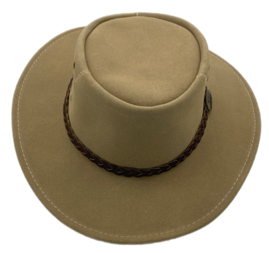 A sand leather hat with a wide brim and a decorative band around the crown, featuring metal eyelets and a button detail.
