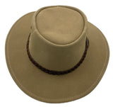 A sand leather hat with a wide brim and a decorative band around the crown, featuring metal eyelets and a button detail.
