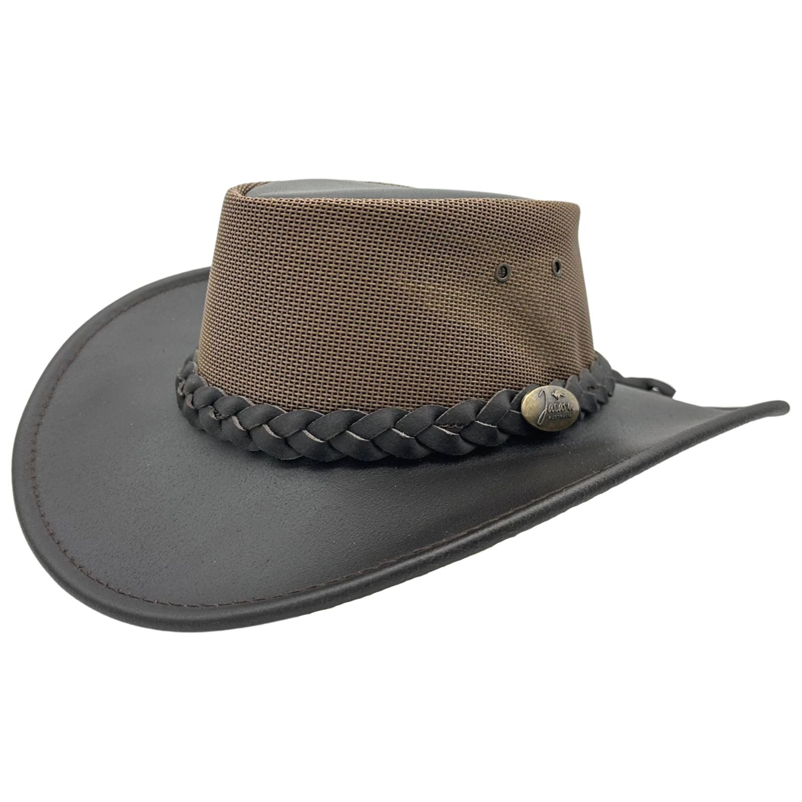 Brown and black wide-brimmed hat with braided band on a white background