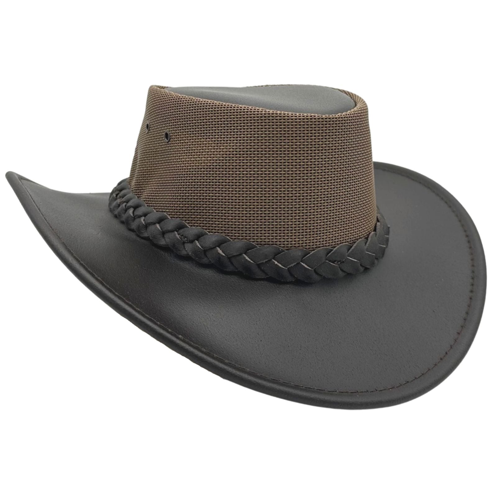 Brown and black wide-brimmed hat with braided band on a white background