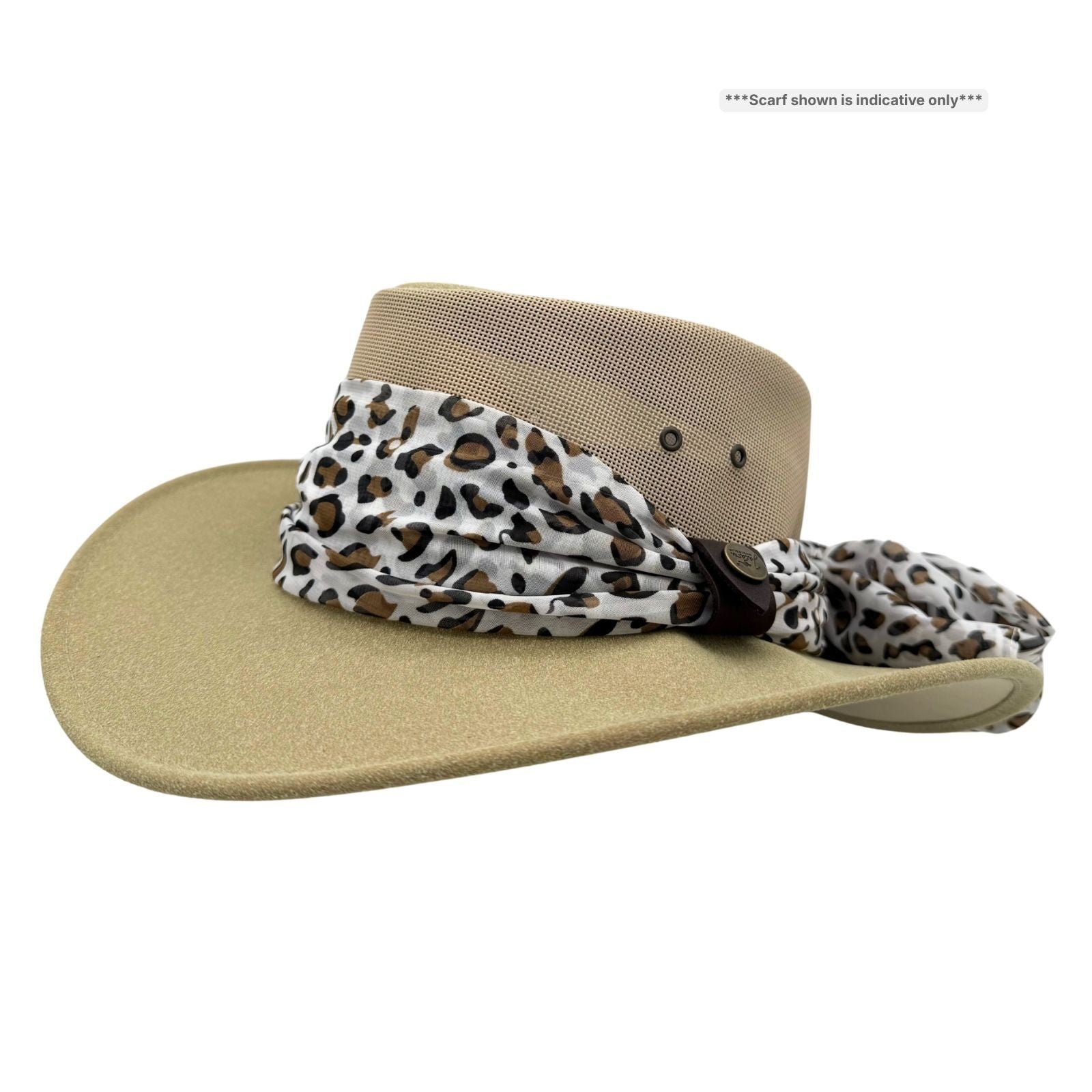 sand Horizon Hat with Scarf leopard print scarf on a white background