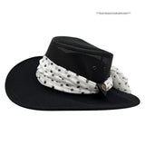 Black hat with a white scarf featuring black polka dots on a white background