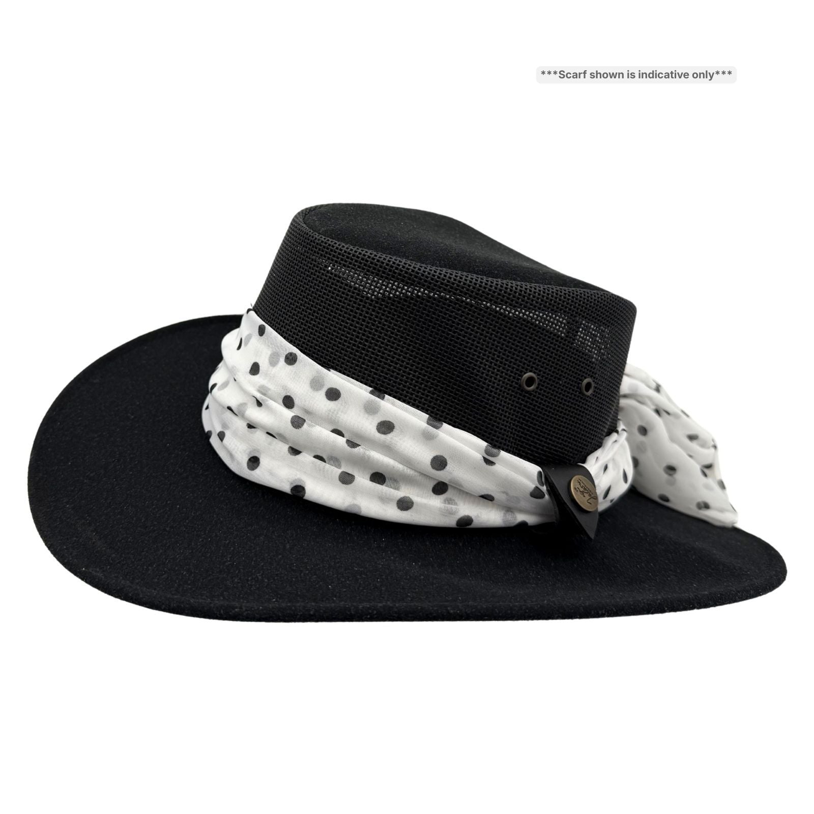 Black hat with a white scarf featuring black polka dots on a white background
