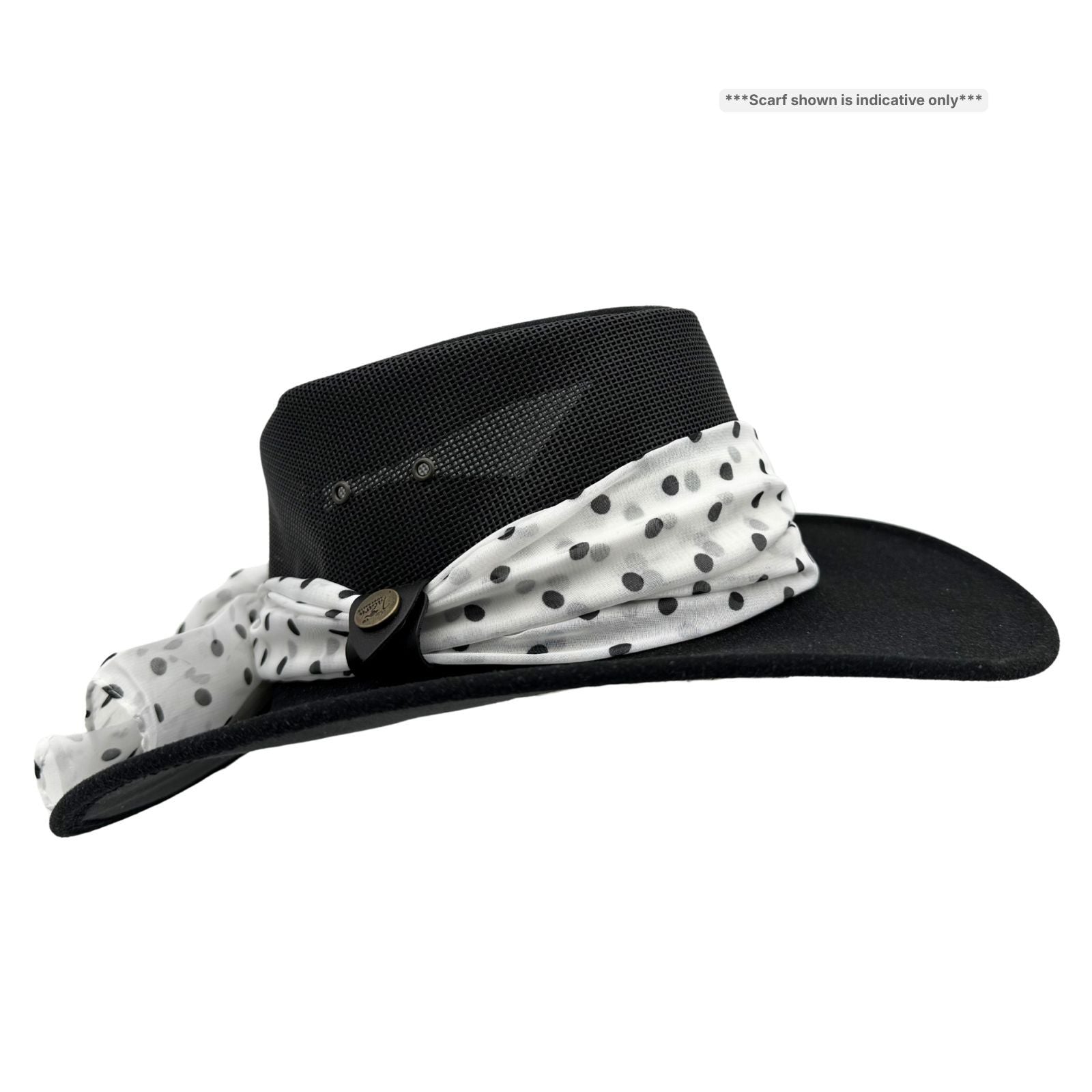 Black wide-brimmed hat with a white scarf with black polka dots on a white background
