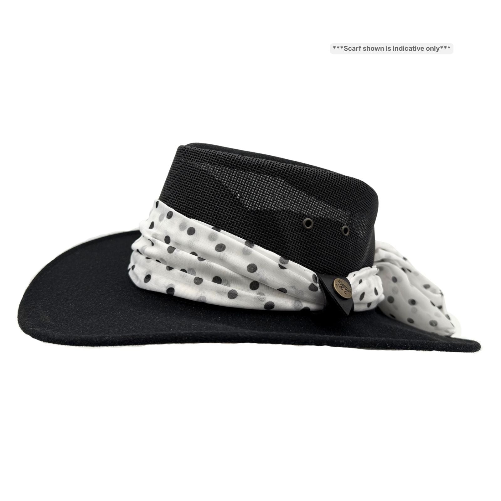 Black Horizon Hat with Scarf white polka dot on a white background