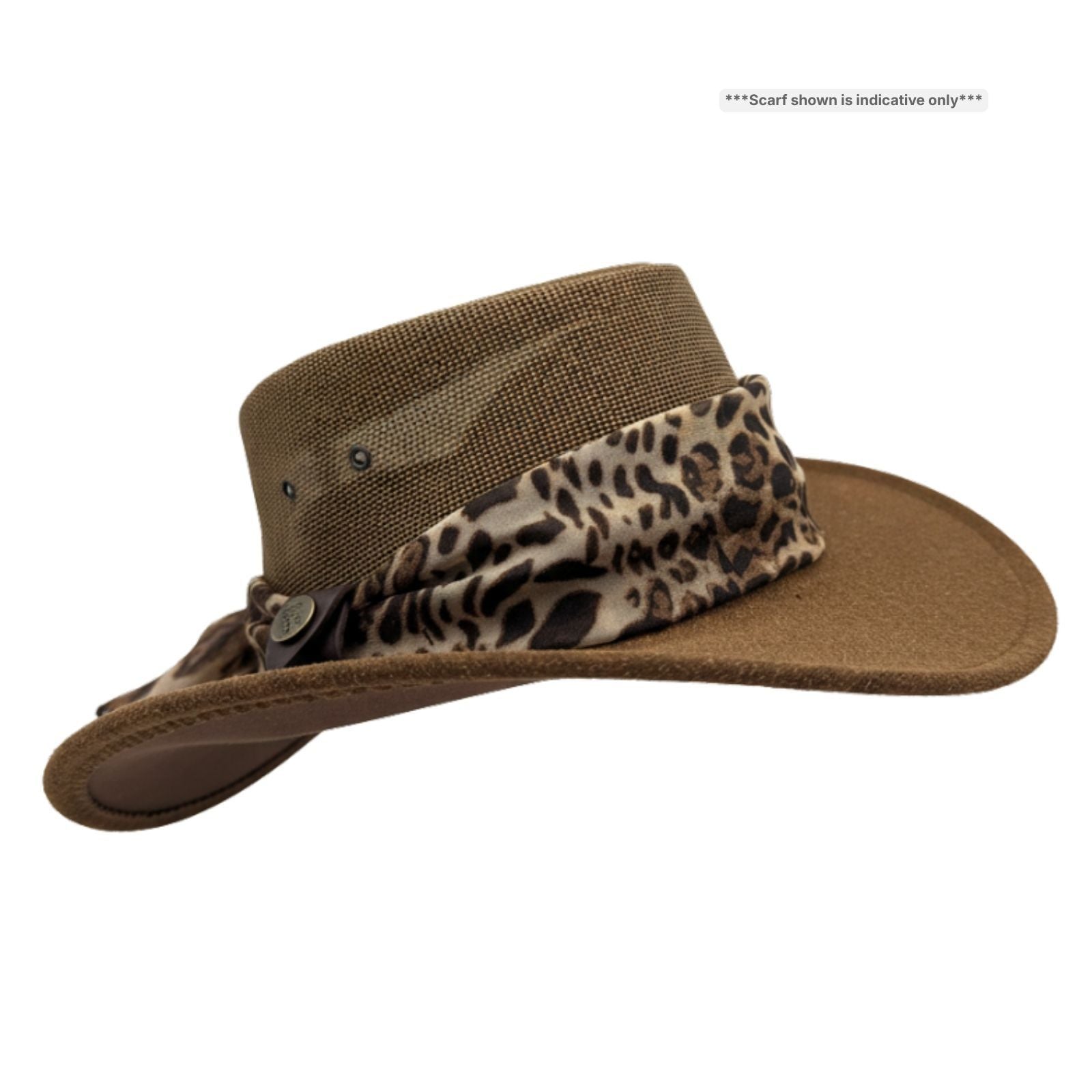 Brown Horizon Hat with Scarf leopard print band on a white background