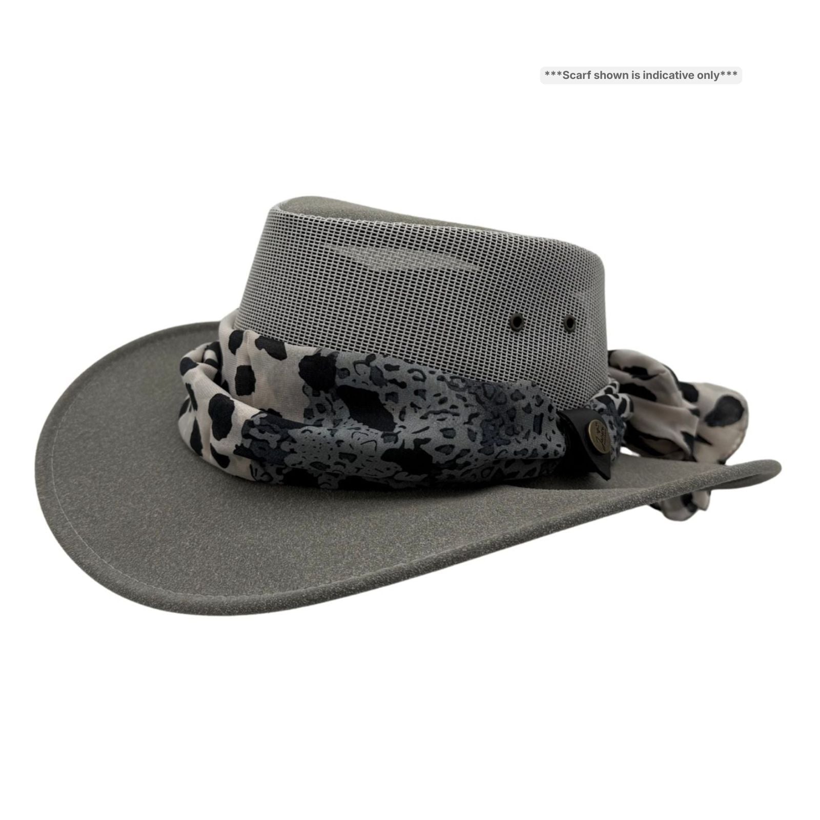 Gray Horizon Hat with Scarf patterned band on a white background