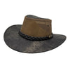 Brown and black wide-brimmed hat with braided band on a white background
