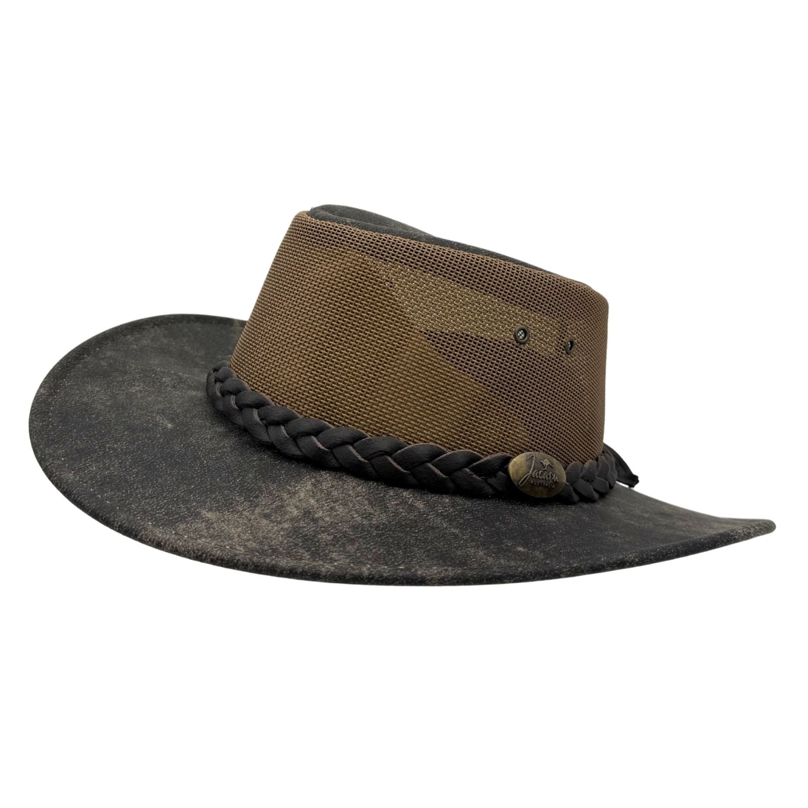 Brown and black wide-brimmed hat with braided band on a white background