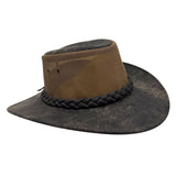 Brown and black wide-brimmed hat with braided detail on a white background