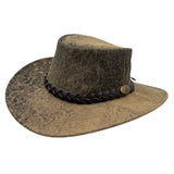 Stonewash Brown leather hat with braided band and button on a white background