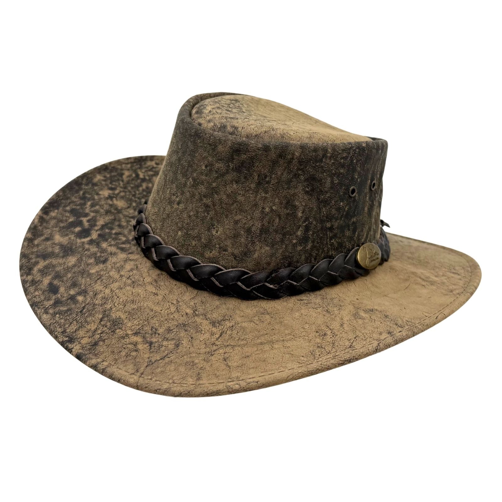 Stonewash Brown hat with braided leather band on a white background