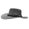 Stonewash Gray felt hat with braided band and leather patch on a white background