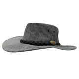 Stonewash Gray felt hat with braided band and leather patch on a white background